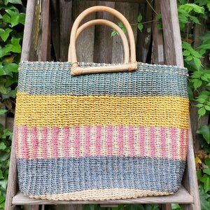 Striped Woven Straw Bag with Wooden Handles